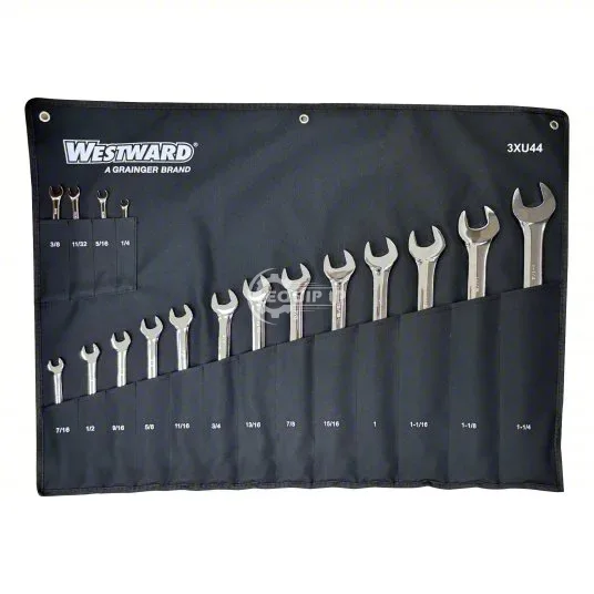 3XU44 - WESTWARD Combination Wrench Set: Alloy Steel, Chrome, 17 Tools, 15° Head Offset Angle, Offse