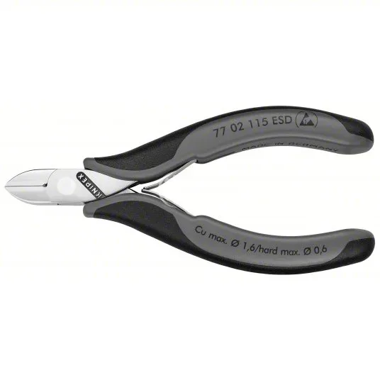 77 02 115 ESD - Diagonal Cutting Plier: ESD-Safe, Std, Oval, 4 1/2 in Overall Lg, 1/2 in Jaw Lg, 1/2