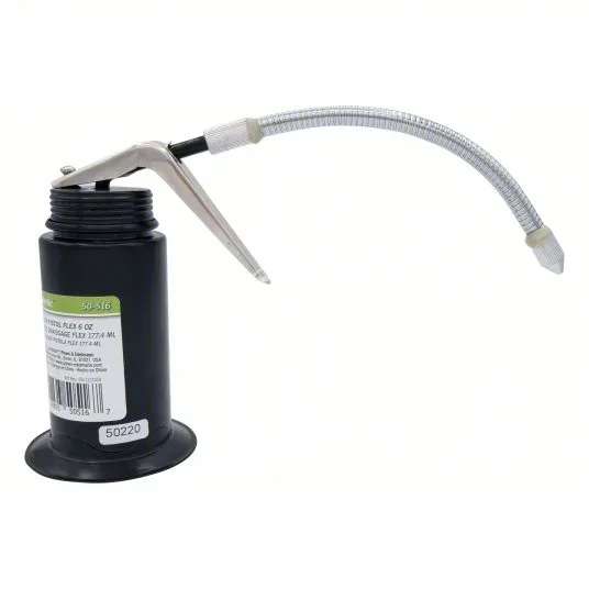 50-516 - LUBRIMATIC Oiler: Pistol Operator, 6 fl oz Overall Capacity, Flex, 6 in Spout Lg, 6 in Can