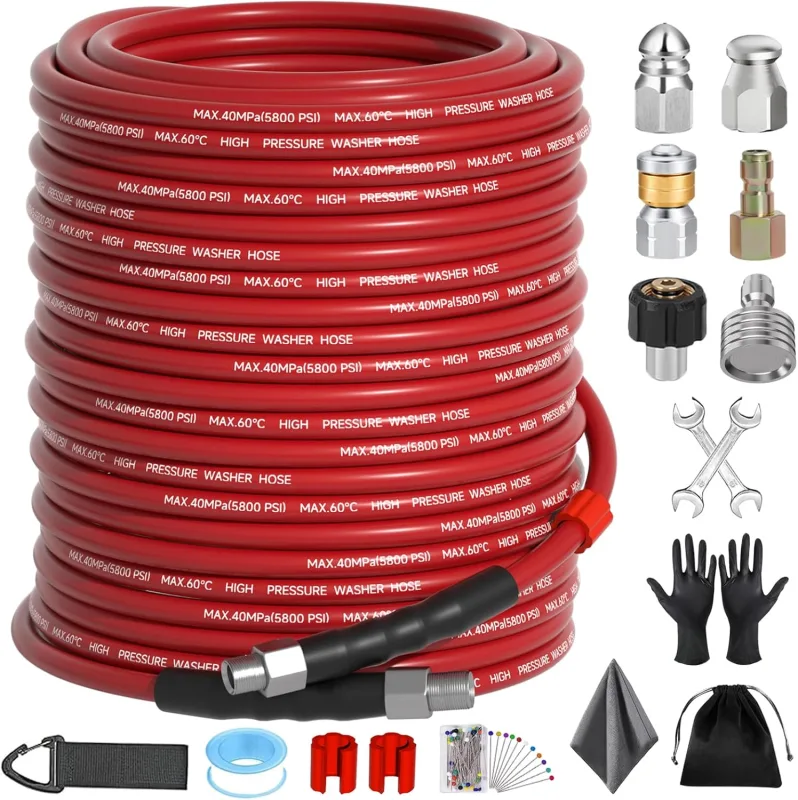 Sewer Jetter Kit 200FT for Pressure Washer, 5800 PSI Drain Cleaner Hose 1/4 Inch NPT with Spray Nozz